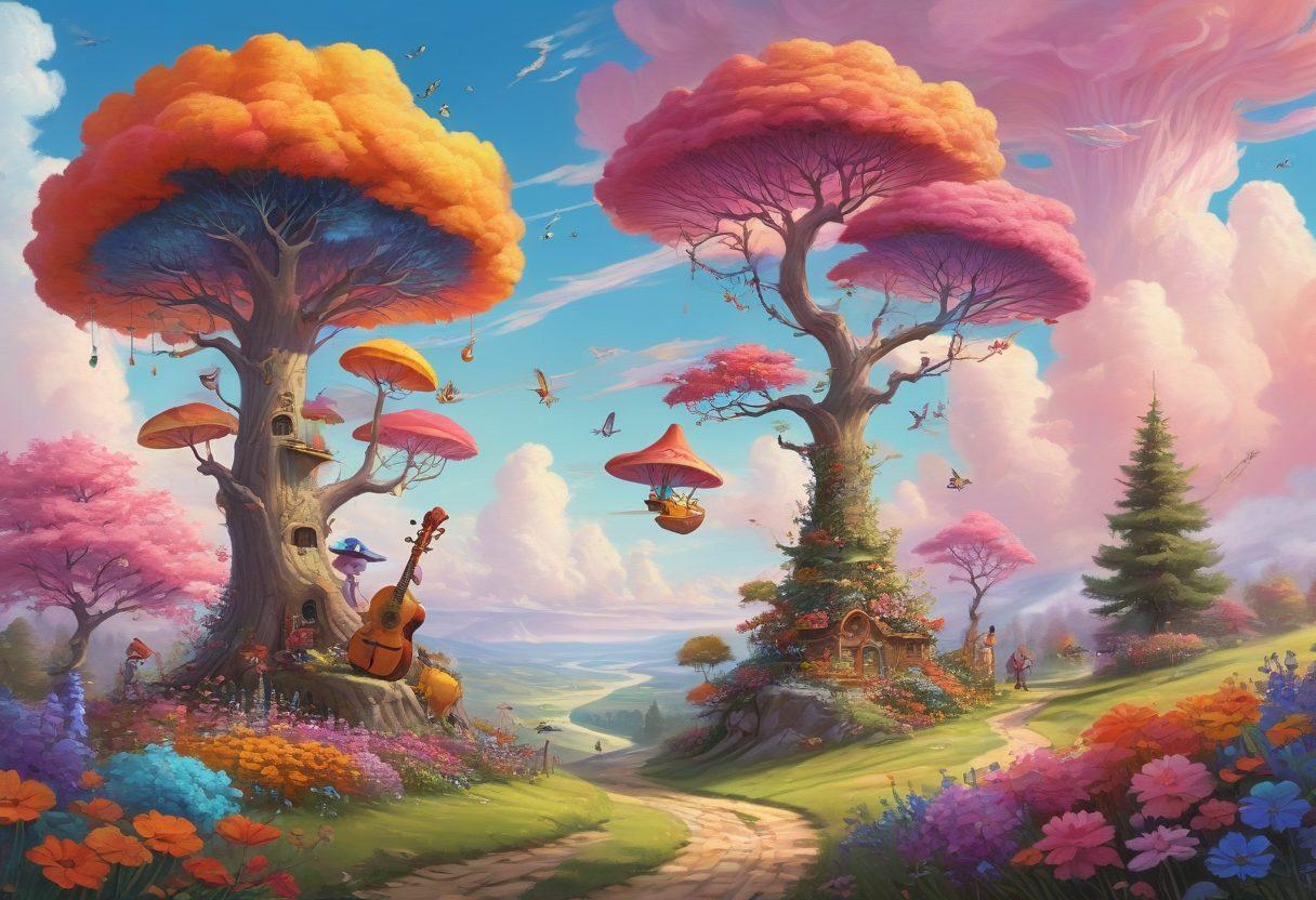 A whimsical landscape filled with colorful, playful characters engaging in mischievous activities, like animals wearing hats and playing instruments. Surreal trees with swirling branches and oversized flowers create a lively atmosphere. Bright pastel colors contrast with a dreamy sky filled with fluffy clouds. Capture a sense of joy and transformation through these lighthearted scenes. digital painting. vibrant colors. playful style.