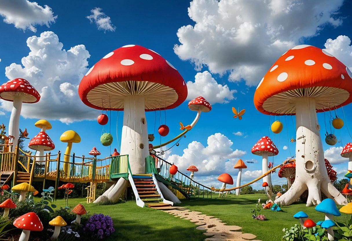 A whimsical scene depicting a lively, colorful playground filled with oversized playful items like giant mushrooms, bouncing clouds, and cartoonish animals enjoying playful activities. Children and adults are engaged in creative, joyful interactions, showcasing the essence of playfulness. The background features a bright, cheerful sky with soft, fluffy clouds. Elements of art supplies like paint splatters and doodles are subtly integrated into the scene. vibrant colors. fantasy illustration.