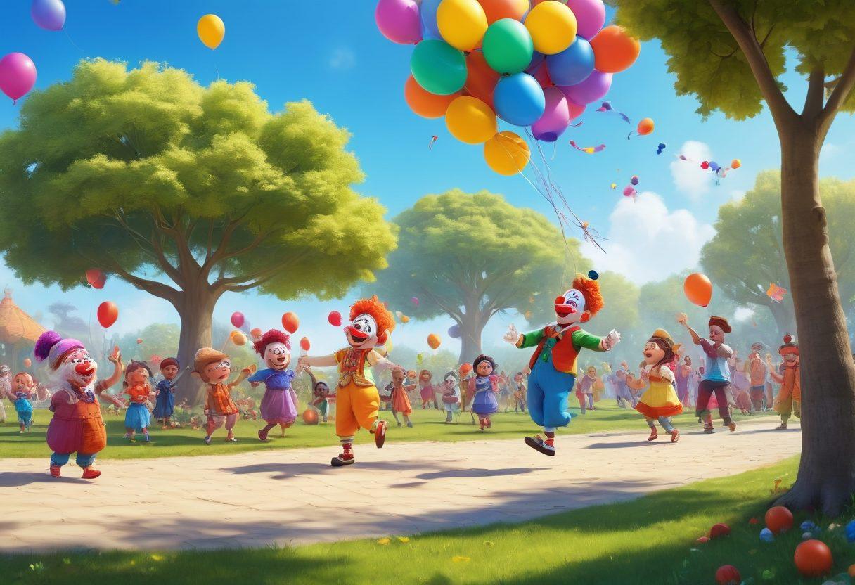 A whimsical scene of diverse people laughing together in a park, engaging in playful banter while enjoying various humorous activities like juggling, clown antics, and sharing silly jokes. Bright colors enhance the joyful atmosphere, with balloons and kites flying in the background. The characters should reflect a mix of cultures and ages, fostering an inclusive vibe. cartoon style. vibrant colors. cheerful atmosphere.